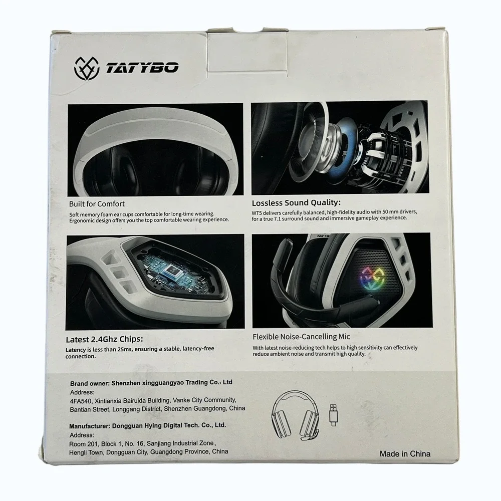 Tatybo WT5 Wireless Gaming Headset White‎ RGB 7.1 Surround Sound PC PS4 PS5